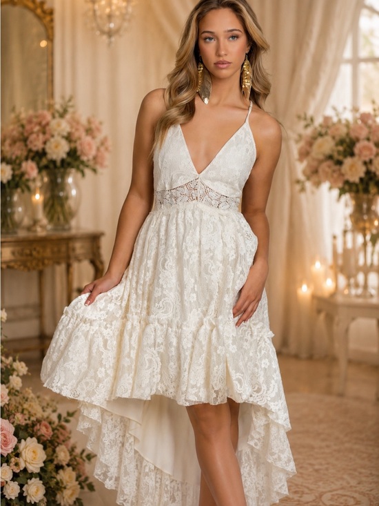 Joyfolie Dresses & Skirts - Joyfolie Marline Dress Cream Lace High-Low Halter Open Back Women’s Size Small